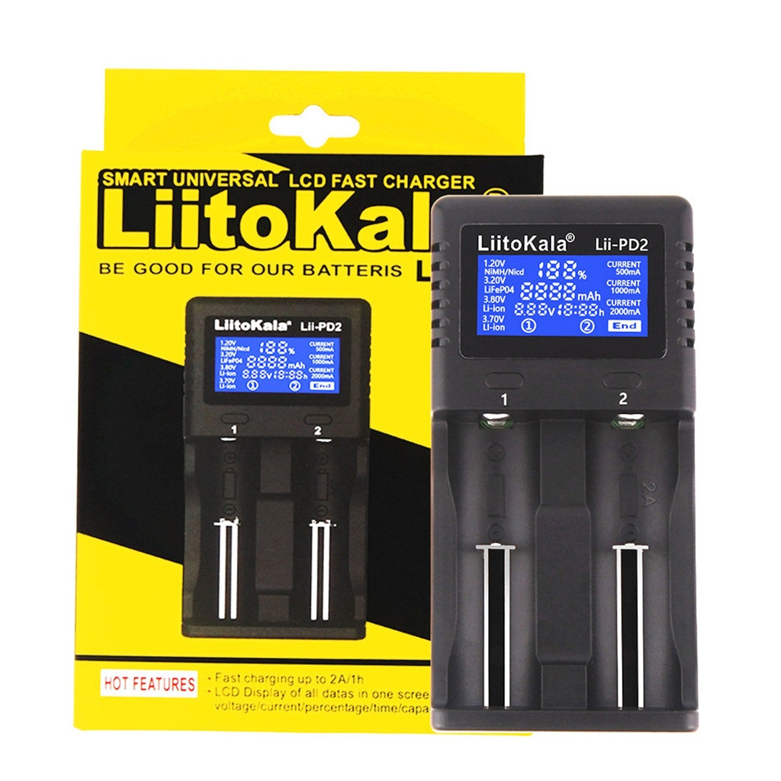 LIITOKALA LII-PD2 Smart Battery Charger for 18650 26650 21700 NiMH Lithium Rechargeable Batteries 2 Slots Independent Charging Auto-polarity Detector Charger