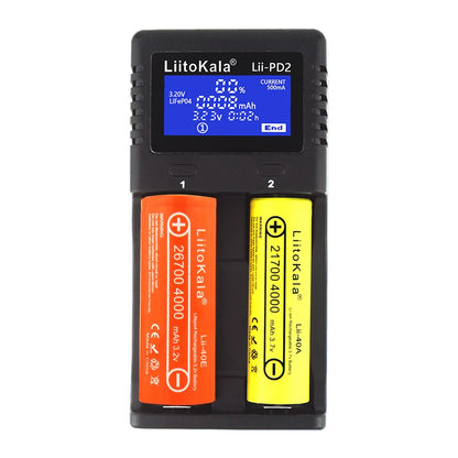 LIITOKALA LII-PD2 Smart Battery Charger for 18650 26650 21700 NiMH Lithium Rechargeable Batteries 2 Slots Independent Charging Auto-polarity Detector Charger