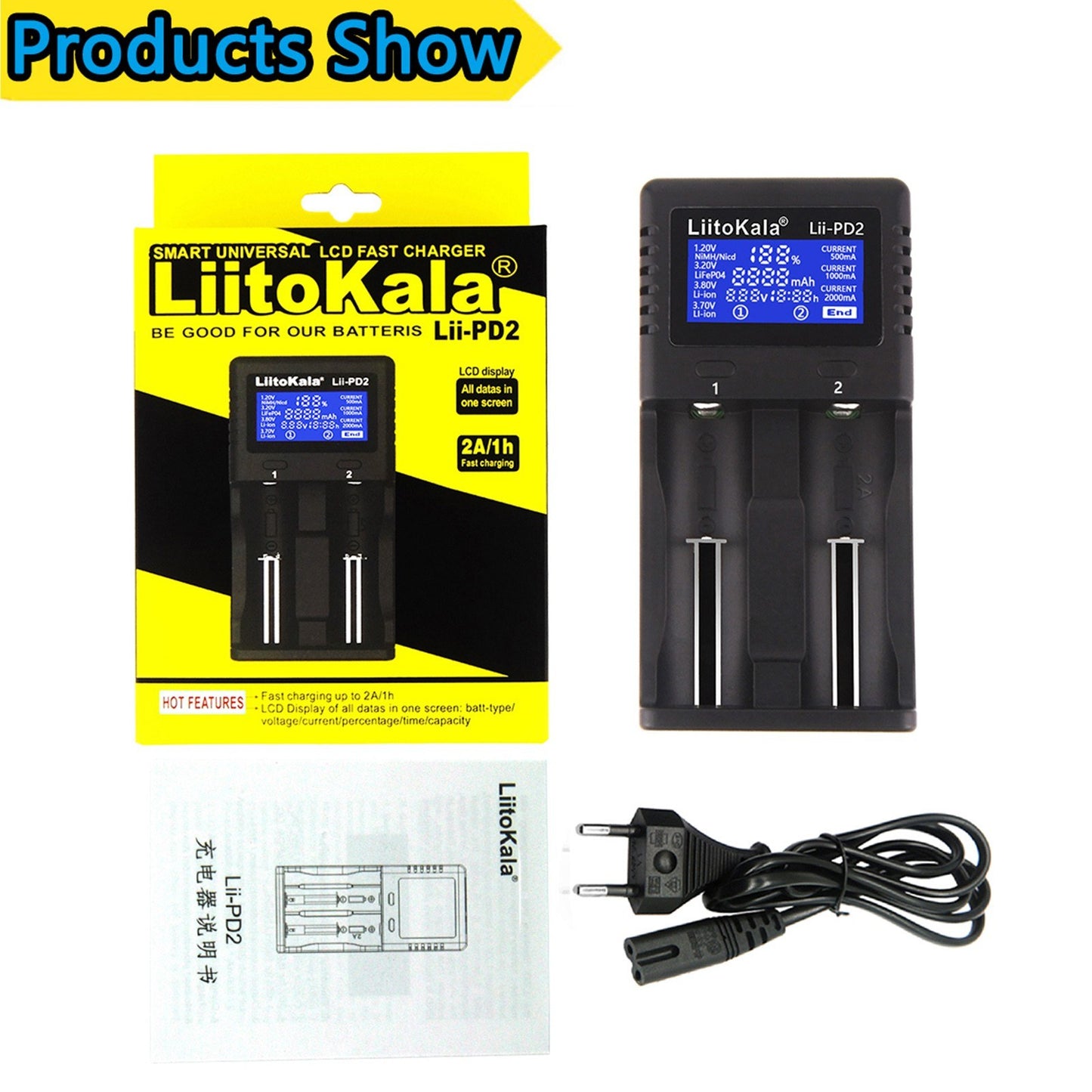 LIITOKALA LII-PD2 Smart Battery Charger for 18650 26650 21700 NiMH Lithium Rechargeable Batteries 2 Slots Independent Charging Auto-polarity Detector Charger