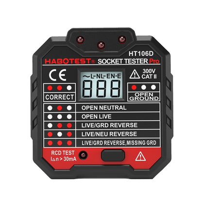 HABOTEST HT106D RCD Electric Socket Tester Automatic Neutral Live Earth Wire Circuit Polarity Detector Wall Plug Breaker Finder with Voltage Backlight LCD Display