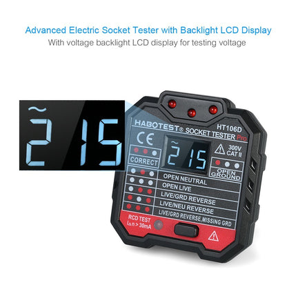 HABOTEST HT106D RCD Electric Socket Tester Automatic Neutral Live Earth Wire Circuit Polarity Detector Wall Plug Breaker Finder with Voltage Backlight LCD Display