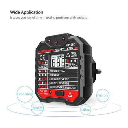 HABOTEST HT106D RCD Electric Socket Tester Automatic Neutral Live Earth Wire Circuit Polarity Detector Wall Plug Breaker Finder with Voltage Backlight LCD Display