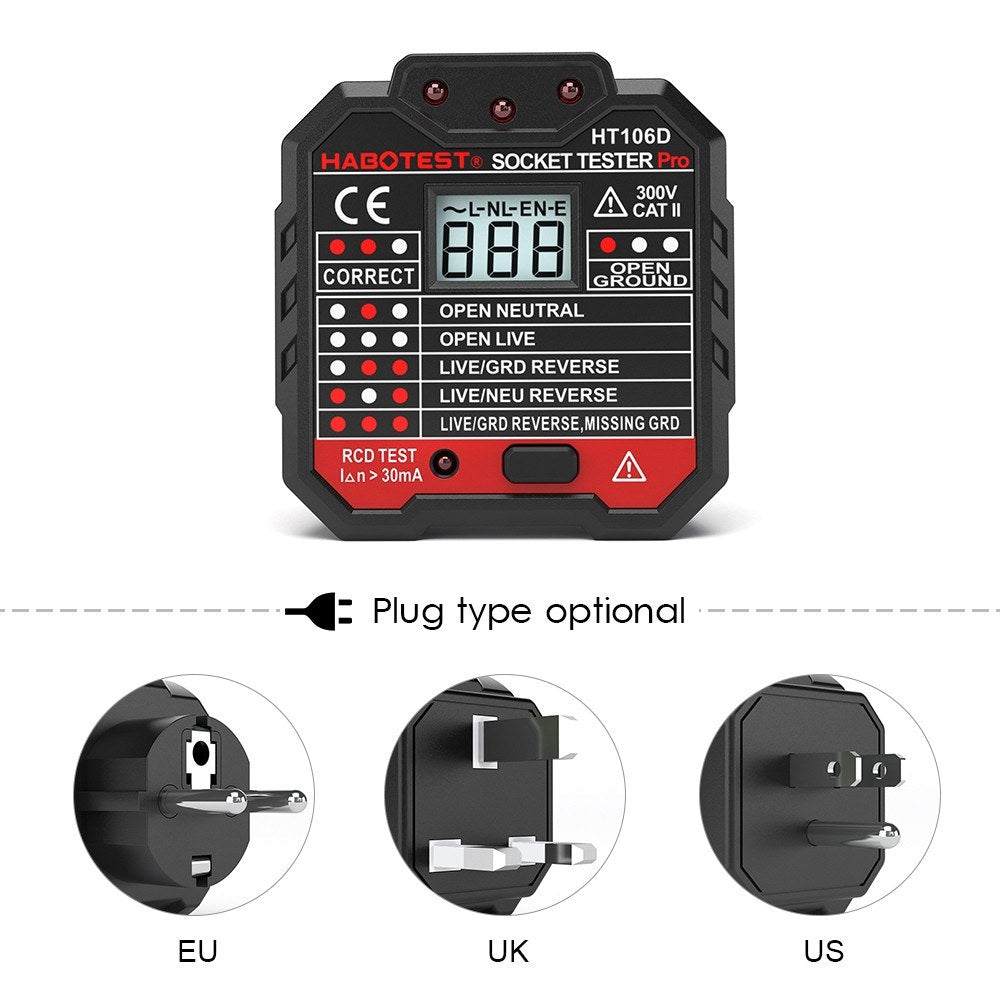 HABOTEST HT106D RCD Electric Socket Tester Automatic Neutral Live Earth Wire Circuit Polarity Detector Wall Plug Breaker Finder with Voltage Backlight LCD Display