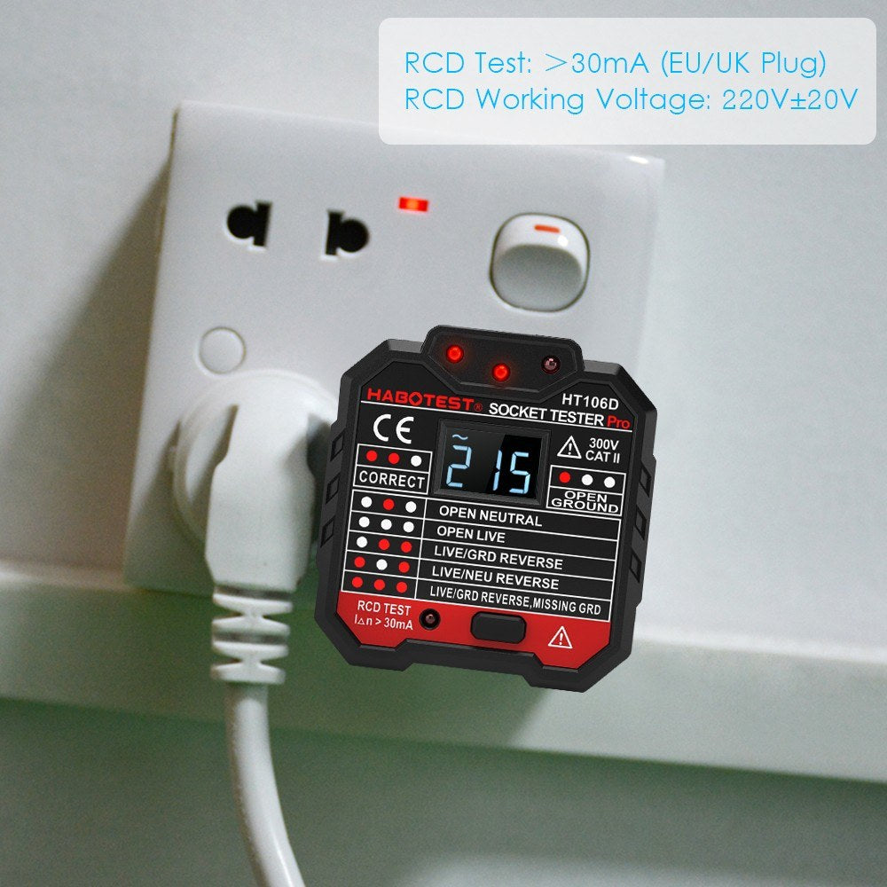 HABOTEST HT106D RCD Electric Socket Tester Automatic Neutral Live Earth Wire Circuit Polarity Detector Wall Plug Breaker Finder with Voltage Backlight LCD Display