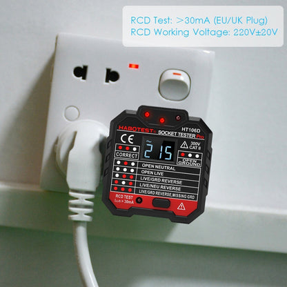 HABOTEST HT106D RCD Electric Socket Tester Automatic Neutral Live Earth Wire Circuit Polarity Detector Wall Plug Breaker Finder with Voltage Backlight LCD Display