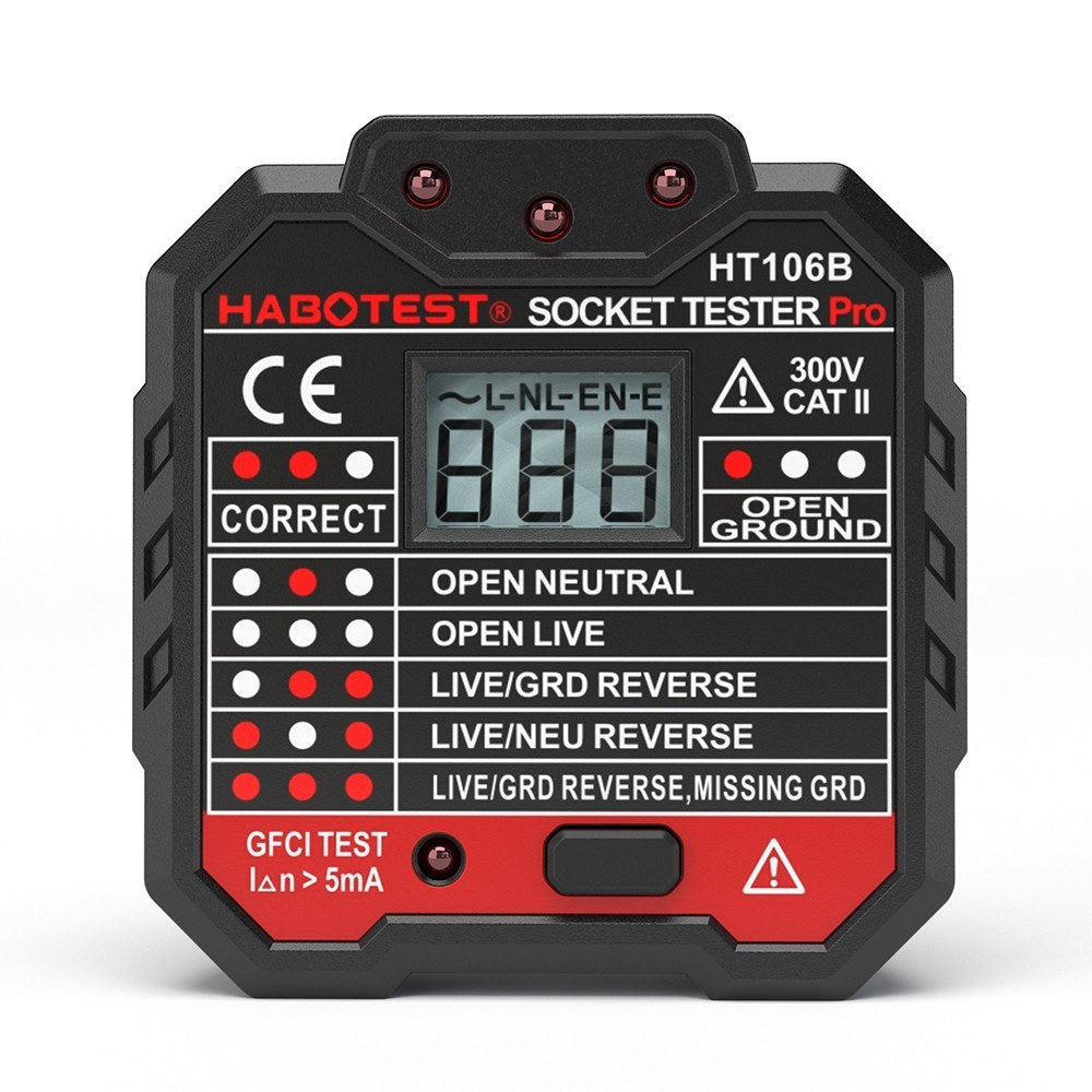 HABOTEST HT106D RCD Electric Socket Tester Automatic Neutral Live Earth Wire Circuit Polarity Detector Wall Plug Breaker Finder with Voltage Backlight LCD Display