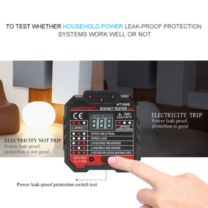 HABOTEST HT106D RCD Electric Socket Tester Automatic Neutral Live Earth Wire Circuit Polarity Detector Wall Plug Breaker Finder with Voltage Backlight LCD Display