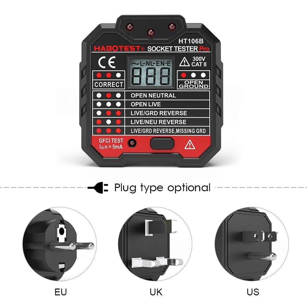 HABOTEST HT106D RCD Electric Socket Tester Automatic Neutral Live Earth Wire Circuit Polarity Detector Wall Plug Breaker Finder with Voltage Backlight LCD Display