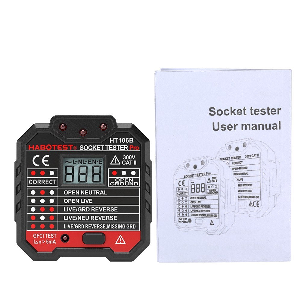HABOTEST HT106D RCD Electric Socket Tester Automatic Neutral Live Earth Wire Circuit Polarity Detector Wall Plug Breaker Finder with Voltage Backlight LCD Display
