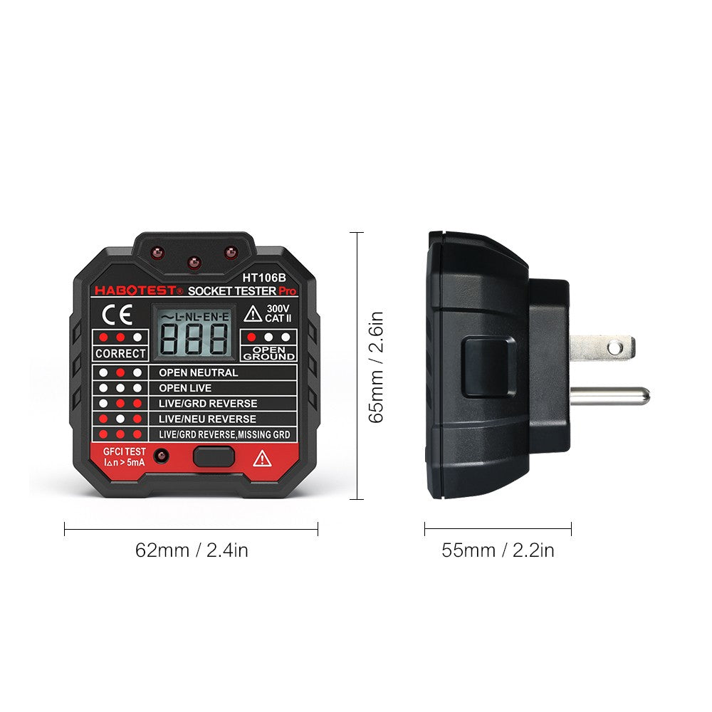 HABOTEST HT106D RCD Electric Socket Tester Automatic Neutral Live Earth Wire Circuit Polarity Detector Wall Plug Breaker Finder with Voltage Backlight LCD Display