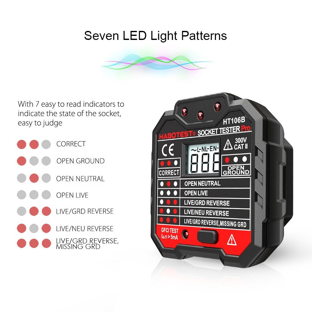 HABOTEST HT106D RCD Electric Socket Tester Automatic Neutral Live Earth Wire Circuit Polarity Detector Wall Plug Breaker Finder with Voltage Backlight LCD Display