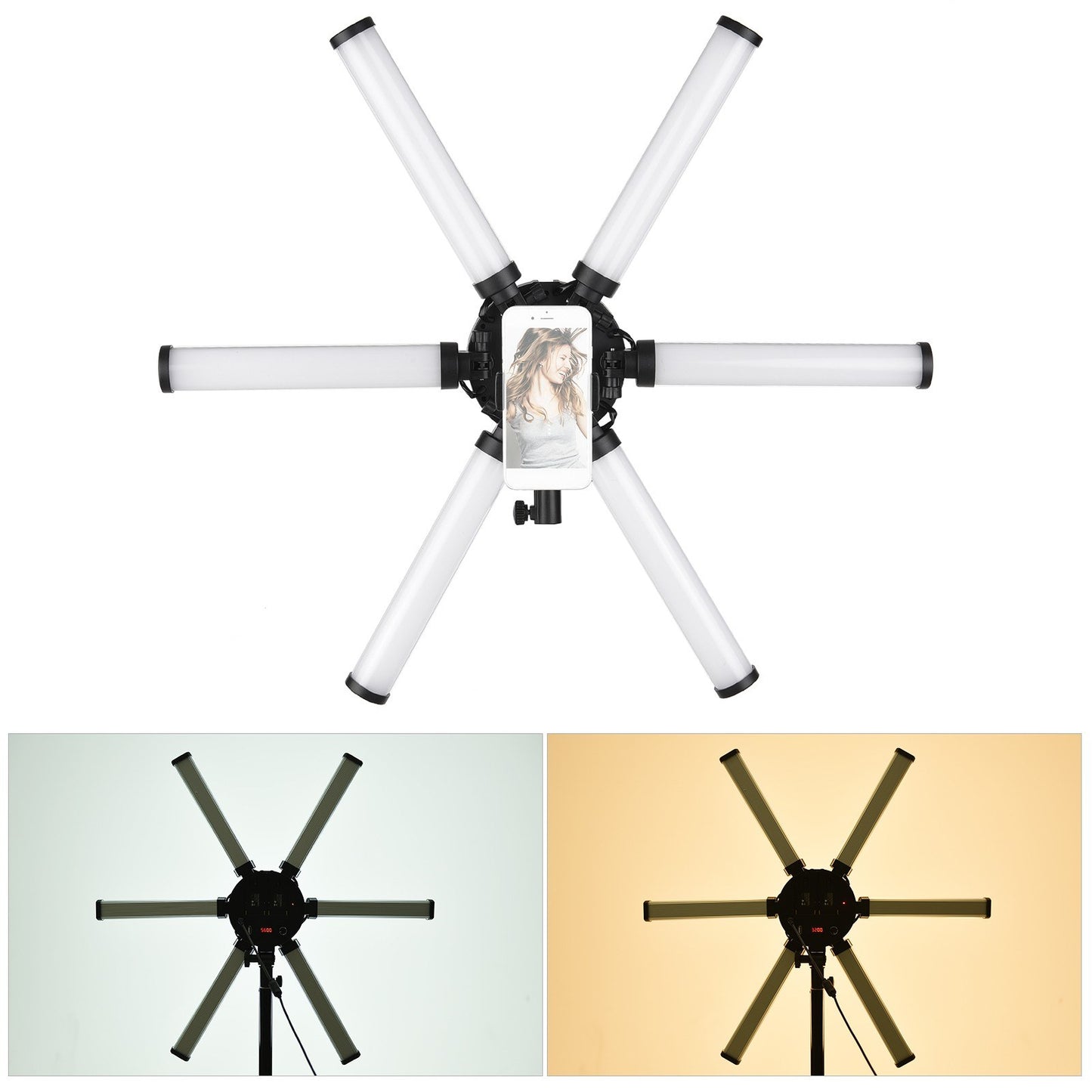 26 inch 54W Portable Foldable 6 Tubes Stick Beauty Light Adjustable 3200K-5600K Bi-color LED Fill Light CRI 90+ with Flexible Phone Holder for Live Streaming Vlogging Makeup Lighting