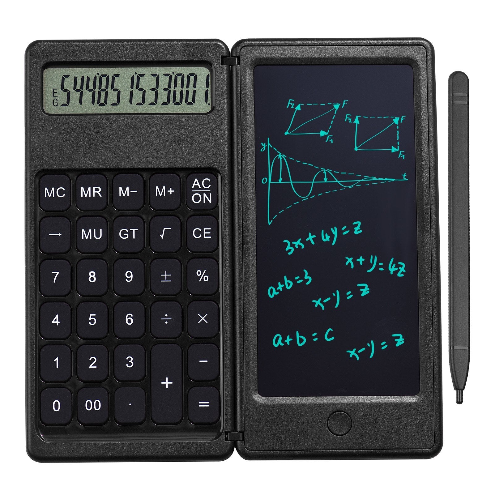 Foldable Calculator + 6 Inch LCD Writing Tablet Digital Drawing Pad 12 Digits Display with Stylus Pen Erase Button for Children Adults
