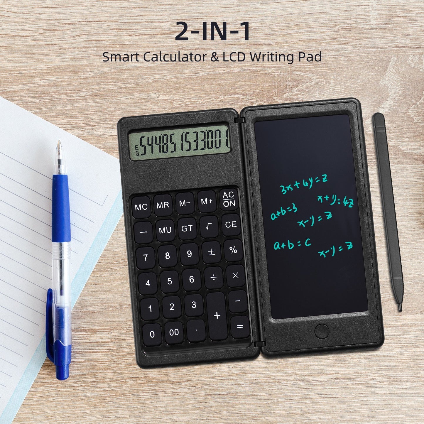 Foldable Calculator + 6 Inch LCD Writing Tablet Digital Drawing Pad 12 Digits Display with Stylus Pen Erase Button for Children Adults