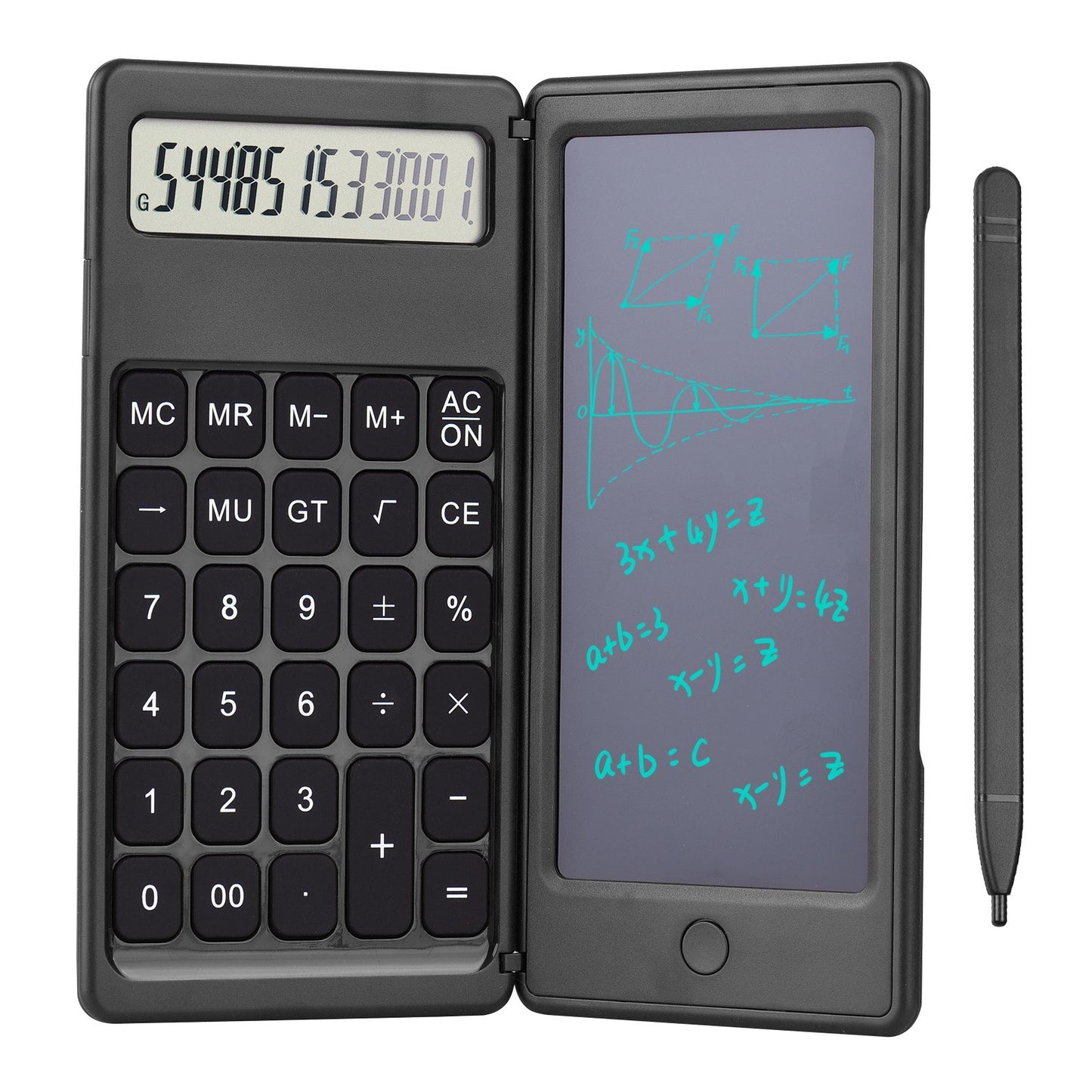 Foldable Calculator + 6 Inch LCD Writing Tablet Digital Drawing Pad 12 Digits Display with Stylus Pen Erase Button for Children Adults