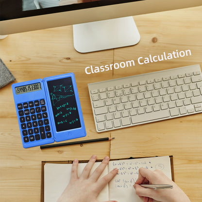 Foldable Calculator + 6 Inch LCD Writing Tablet Digital Drawing Pad 12 Digits Display with Stylus Pen Erase Button for Children Adults