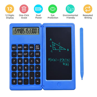 Foldable Calculator + 6 Inch LCD Writing Tablet Digital Drawing Pad 12 Digits Display with Stylus Pen Erase Button for Children Adults