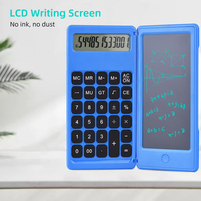 Foldable Calculator + 6 Inch LCD Writing Tablet Digital Drawing Pad 12 Digits Display with Stylus Pen Erase Button for Children Adults