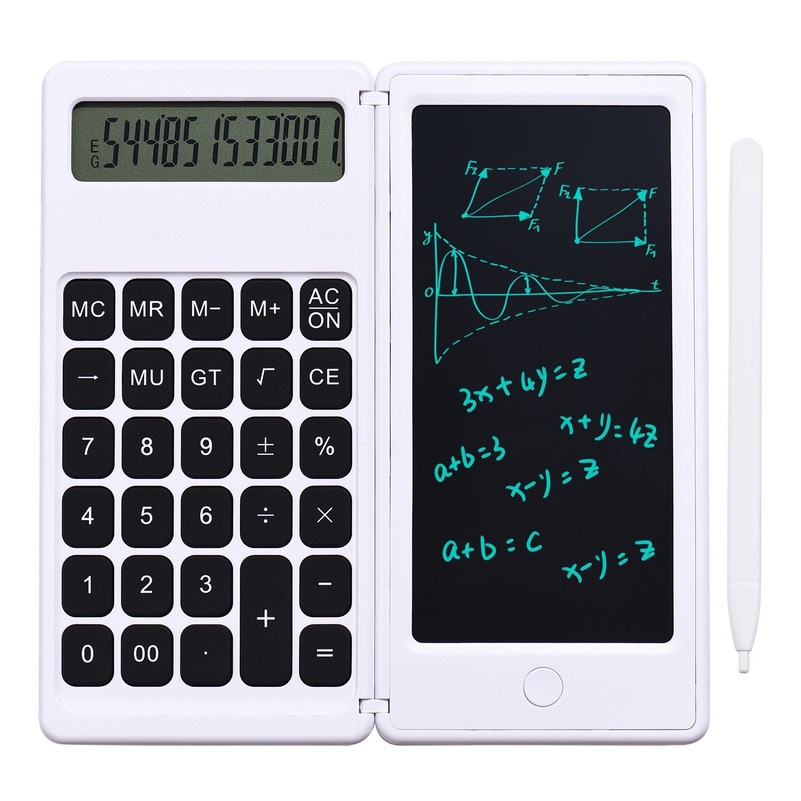 Foldable Calculator + 6 Inch LCD Writing Tablet Digital Drawing Pad 12 Digits Display with Stylus Pen Erase Button for Children Adults