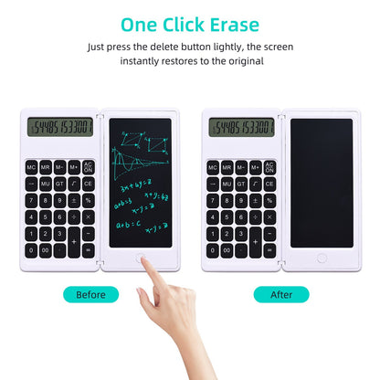 Foldable Calculator + 6 Inch LCD Writing Tablet Digital Drawing Pad 12 Digits Display with Stylus Pen Erase Button for Children Adults
