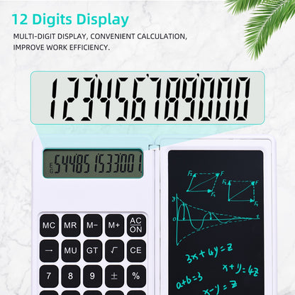 Foldable Calculator + 6 Inch LCD Writing Tablet Digital Drawing Pad 12 Digits Display with Stylus Pen Erase Button for Children Adults