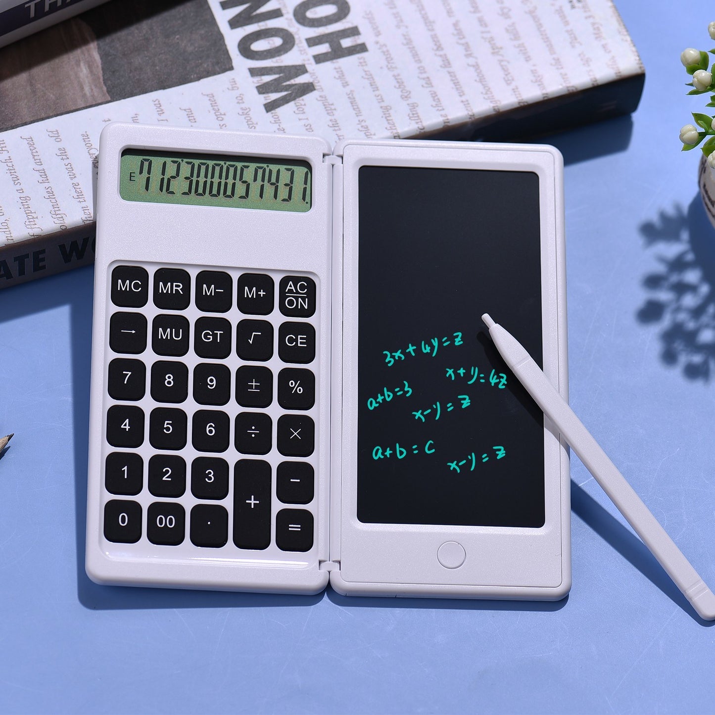 Foldable Calculator + 6 Inch LCD Writing Tablet Digital Drawing Pad 12 Digits Display with Stylus Pen Erase Button for Children Adults