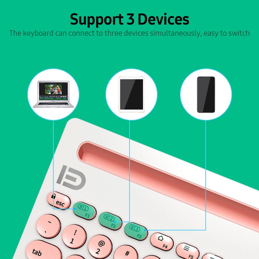 FUDE IK3381 Wireless Bluetooth Keyboard Portable Multifunction Keyboard with Round Keycap Support 3 Devices for Office Home