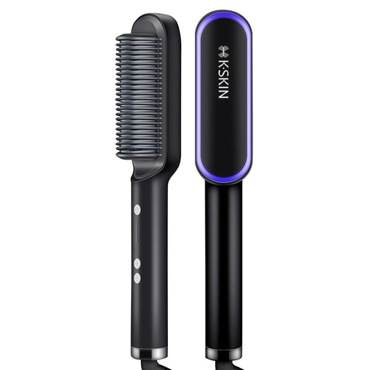 K-SKIN Hair Straightener Brush for Woman Hair Styling 2-in-1 Ionic Straightening Brush Hot Curler Comb with Anti-Scald Feature 5 Temperature Levels Adjustable - EU Plug Black/Blue