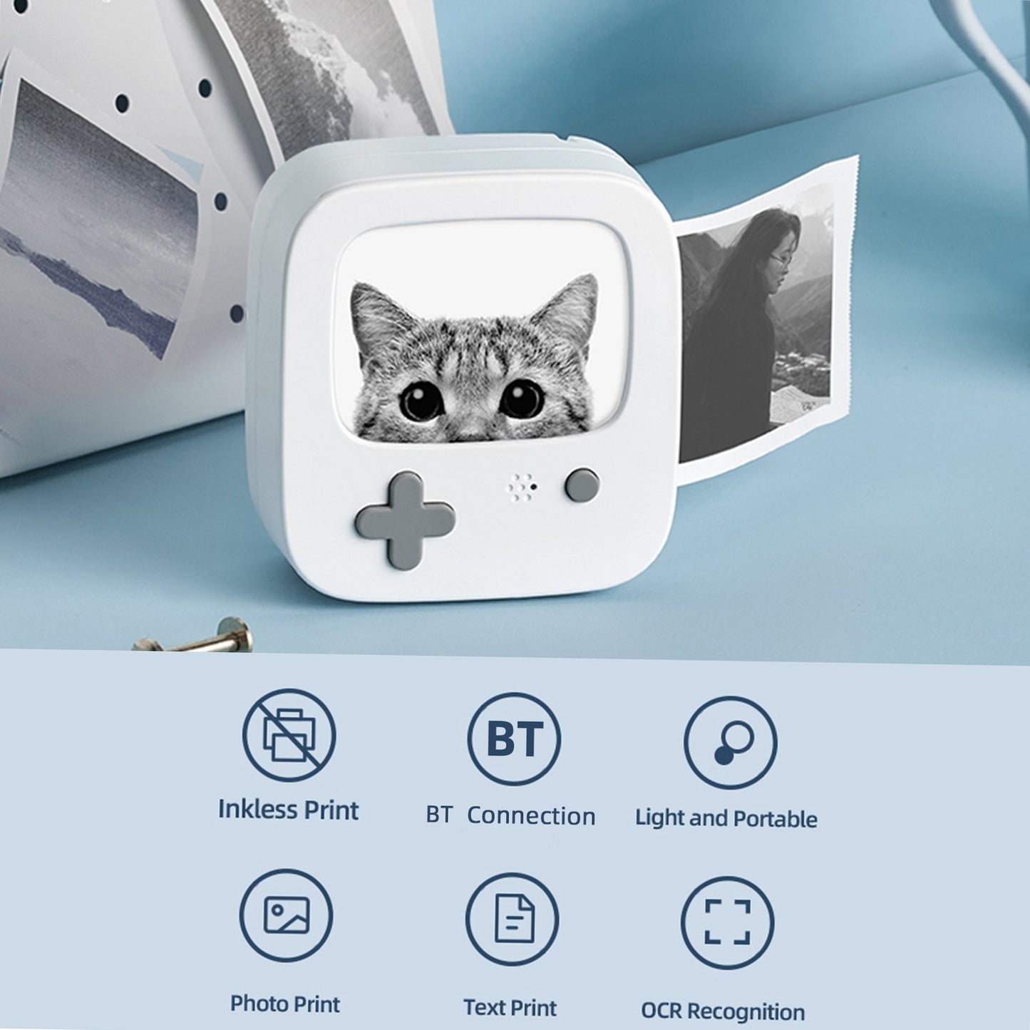 Portable Thermal Printing Mini Pocket Photo Printing Machine 203DPI Wireless Bluetooth Connection for Picture Lable DIY Handcraft List Meno Notes Journal Receipt Paper Instant Printer Sticker Study Work Office