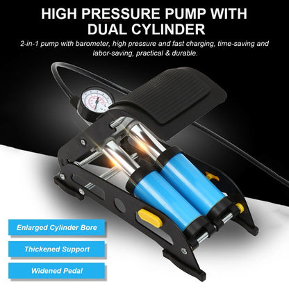 2-in-1 Folding Air Pump with Ordinary Barometer in High-Pressure Pump with Dual Cylinder Portable Inflatable Cylinder Inflation Pump with Pedal for Automobiles Bicycles Rubber Boats