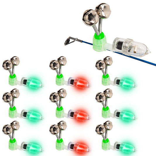 10Pcs LED Night Fishing Rod Bite with Ring Bells Fishing Tackle Light Clip Indicator on Fishing Rod