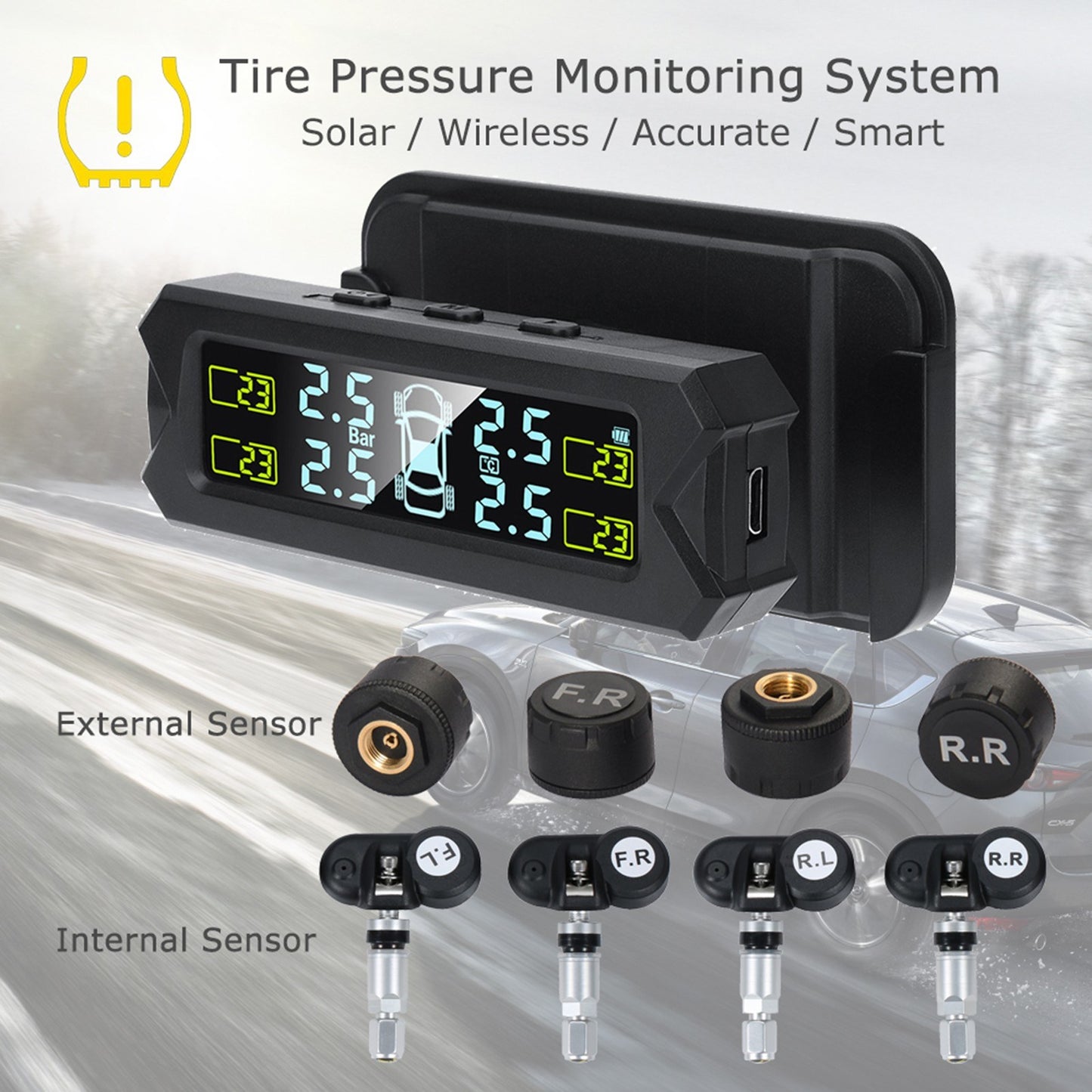 Wireless Tire Pressure Monitoring System Solar Powered TPMS 5 Alarm Modes Tire Pressure