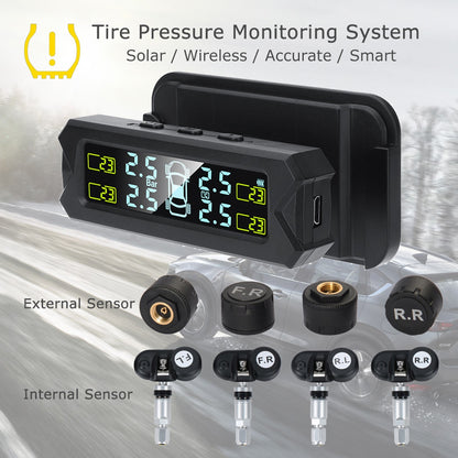Wireless Tire Pressure Monitoring System Solar Powered TPMS 5 Alarm Modes Tire Pressure