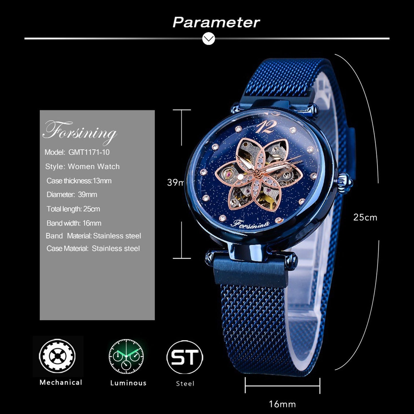 FORSINING Women Watch Automatic Mechanical Watches with Stainless Steel Strap Classic Fashion Wristwatch Luminous Display - Blue