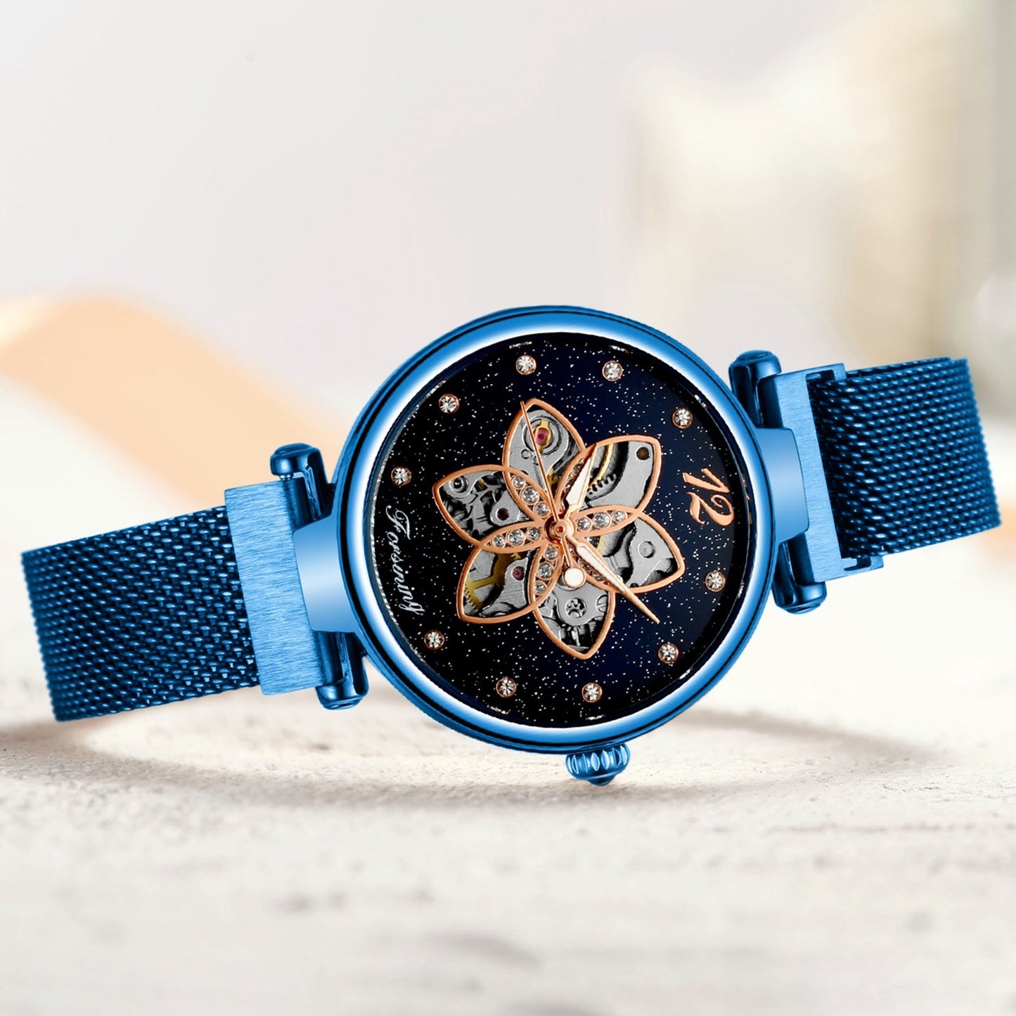 FORSINING Women Watch Automatic Mechanical Watches with Stainless Steel Strap Classic Fashion Wristwatch Luminous Display - Blue