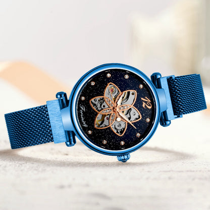 FORSINING Women Watch Automatic Mechanical Watches with Stainless Steel Strap Classic Fashion Wristwatch Luminous Display - Blue