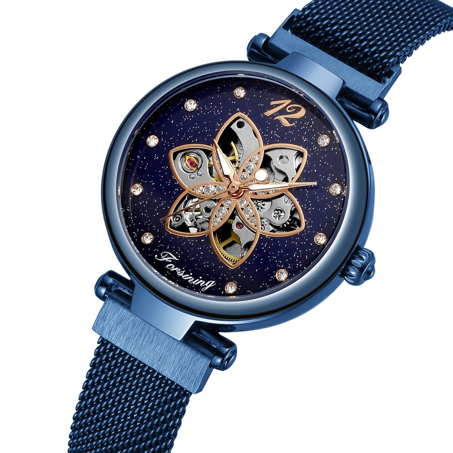 FORSINING Women Watch Automatic Mechanical Watches with Stainless Steel Strap Classic Fashion Wristwatch Luminous Display - Blue
