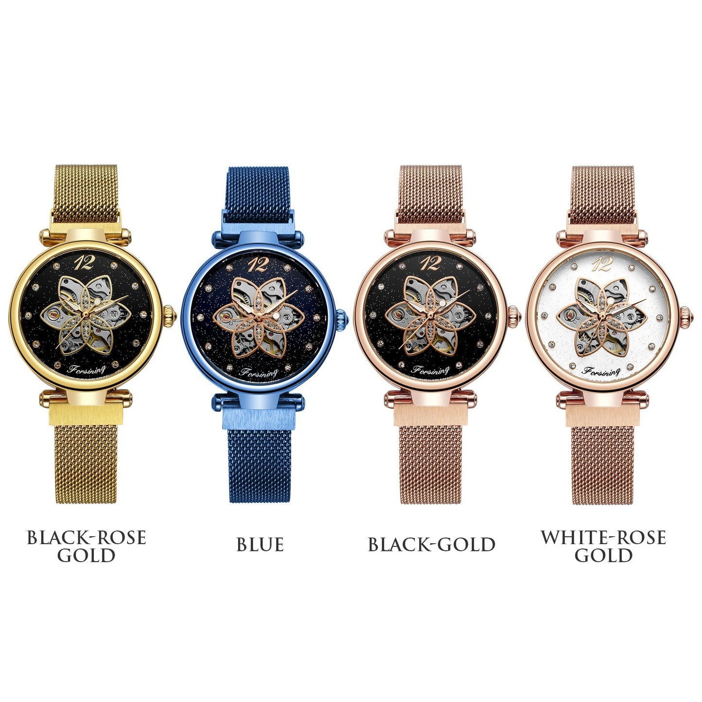 FORSINING Women Watch Automatic Mechanical Watches with Stainless Steel Strap Classic Fashion Wristwatch Luminous Display - Blue