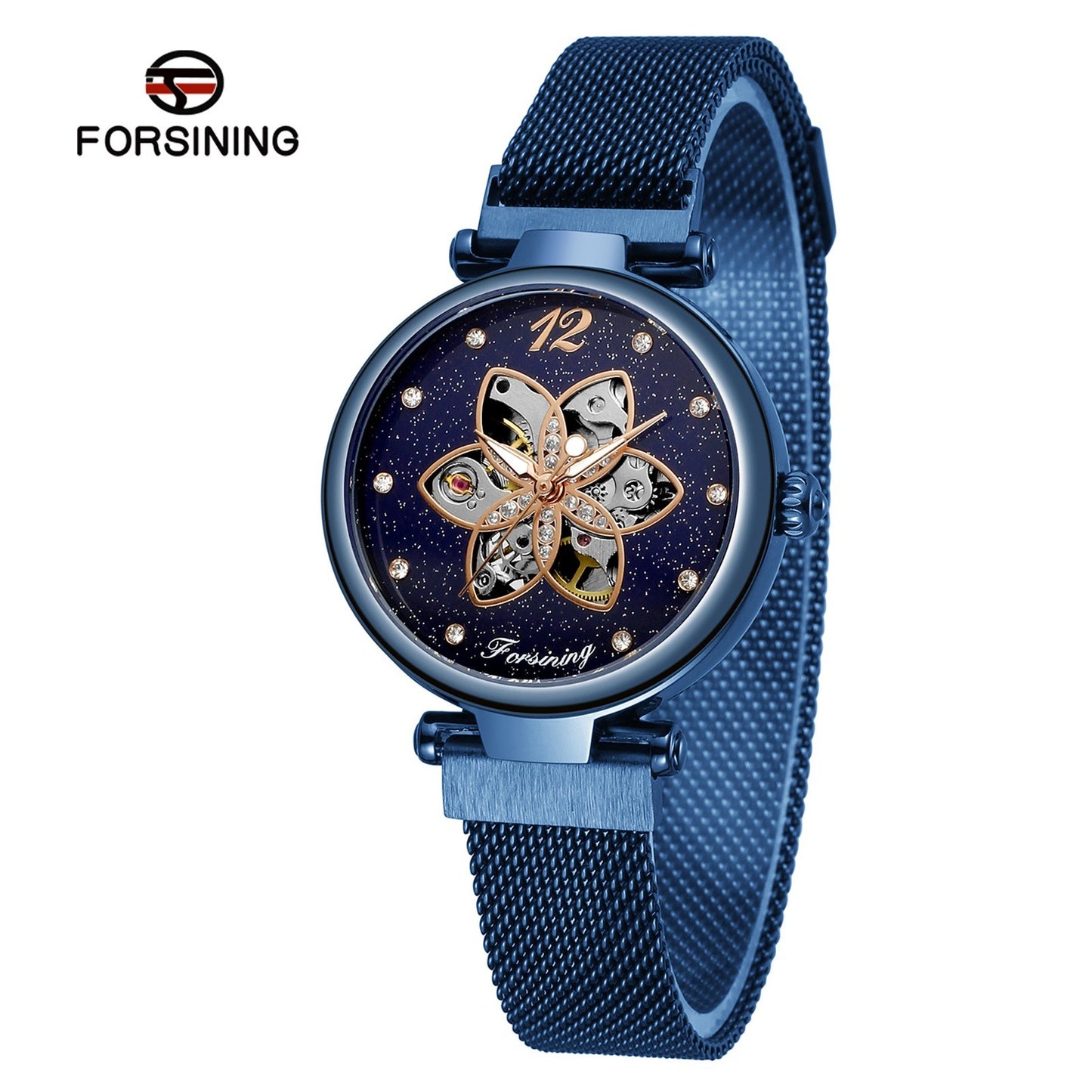 FORSINING Women Watch Automatic Mechanical Watches with Stainless Steel Strap Classic Fashion Wristwatch Luminous Display - Blue