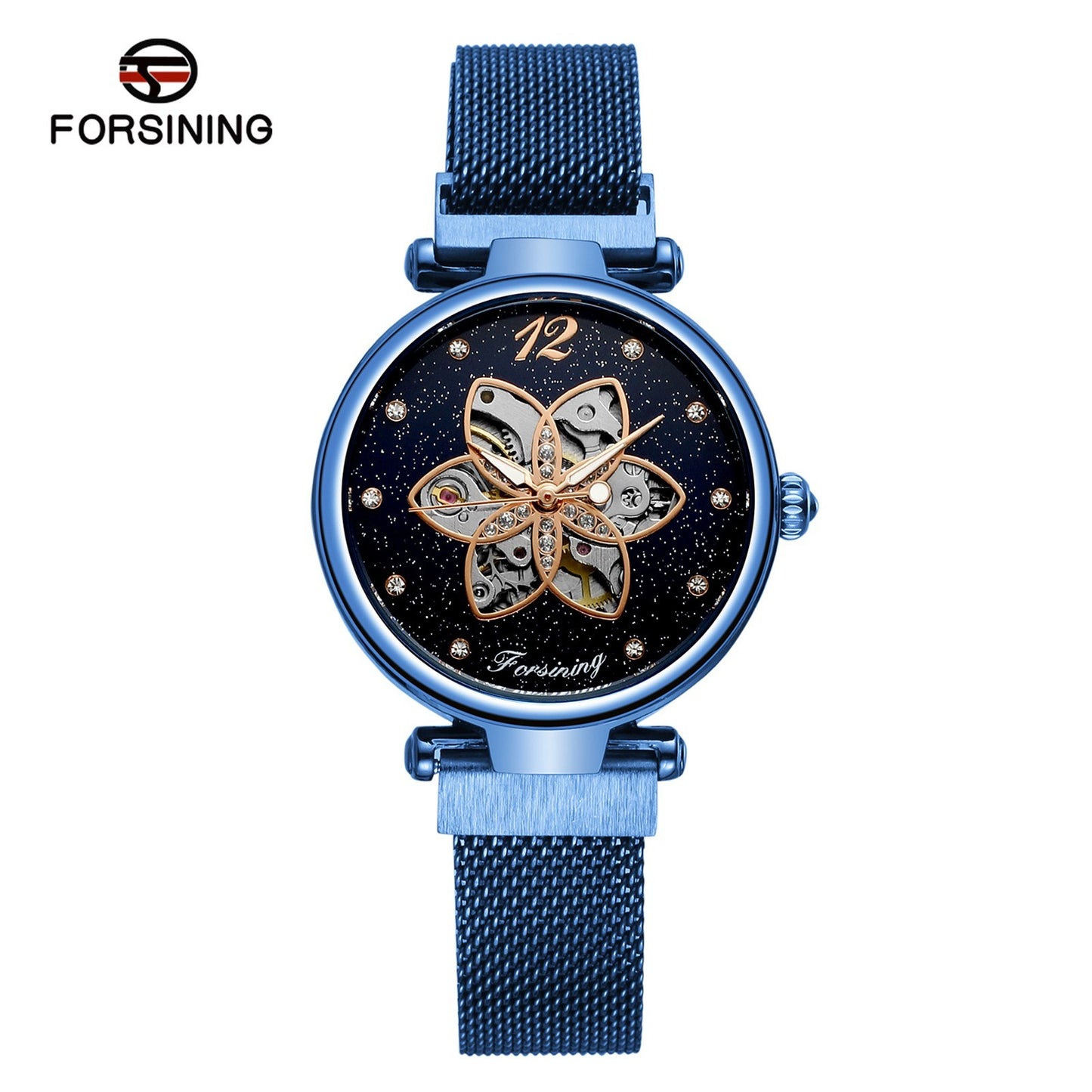 FORSINING Women Watch Automatic Mechanical Watches with Stainless Steel Strap Classic Fashion Wristwatch Luminous Display - Blue