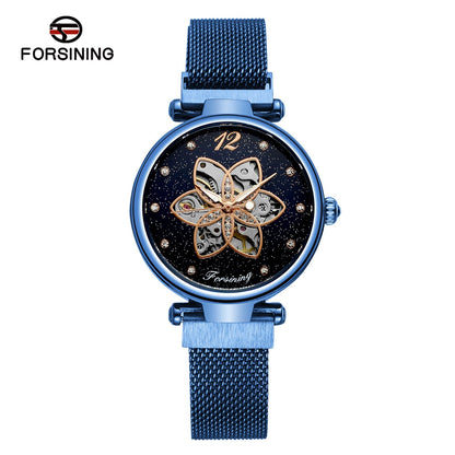 FORSINING Women Watch Automatic Mechanical Watches with Stainless Steel Strap Classic Fashion Wristwatch Luminous Display - Blue