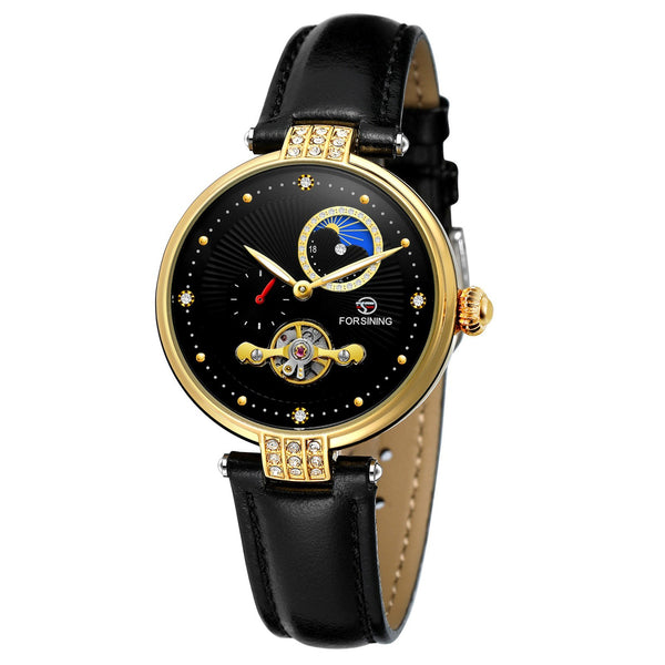 FORSINING Women&#39;s Automatic Mechanical Watch with Leather Strap Hollow-out Design Luminous Display Wristwatch for Women