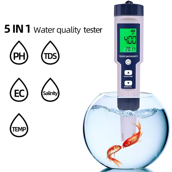 Water Quality Tester 5-in-1 Multi-Parameter Water Testing Meter IP67 Digital LCD Water Quality Monitor PH/TDS/EC/Temperature/Salinity Analyzer Detector