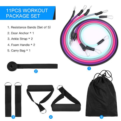 11Pcs/Set Resistance Bands Set Workout Fitness Exercise Tube Bands Ankle Straps Kit for Home Gym Travel