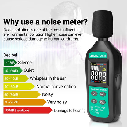 ANENG GN101 LCD Digital Decibel Meter Reader and Sound Noise Meter Tester 35db-135db Measuring Range with Condenser Microphone
