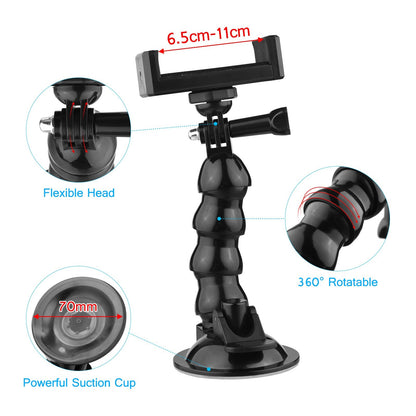 16cm/6.3in Flexible Suction Cup Mount Windshield Phone Stand 360-Degree Rotating Phone Holder with 1/4 Inch Screw Connector for Smartphones Action Cameras
