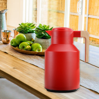 1L Thermal Coffee Carafe Double Walled Thermal Carafe Pot Keeping Hot Cold Water Kettle with Wood Handle