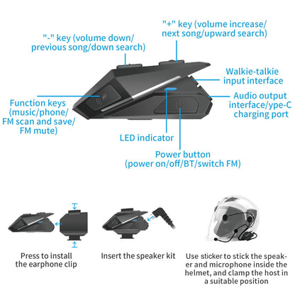 Motorcycle Helmet Headset BT5.0 Wireless Headphones IP67 Water Resistant Dust-proof Music Earphone Support FM Radio with Mic