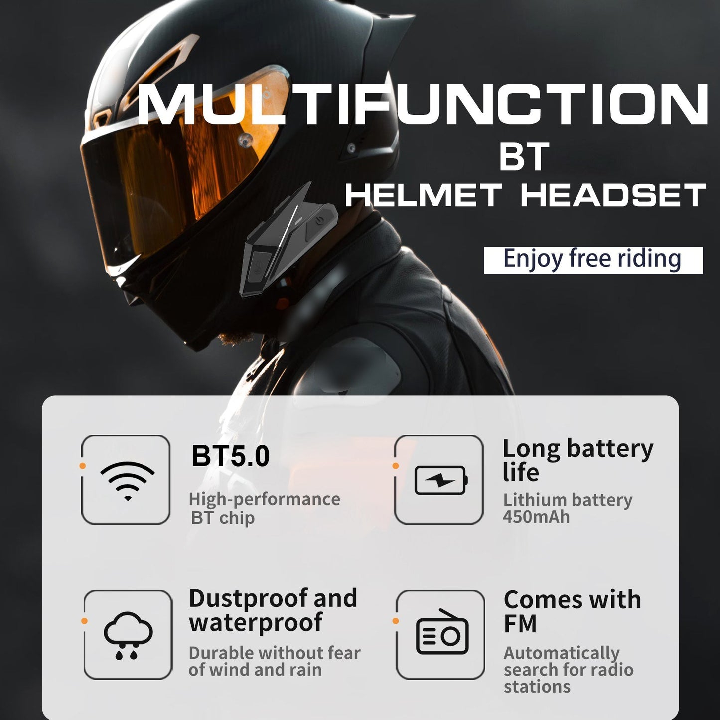 Motorcycle Helmet Headset BT5.0 Wireless Headphones IP67 Water Resistant Dust-proof Music Earphone Support FM Radio with Mic