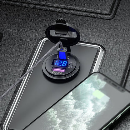 12-24V Car Charger Adapter PD USB Dual Port Quick Charge Phone Charger with Voltage Display